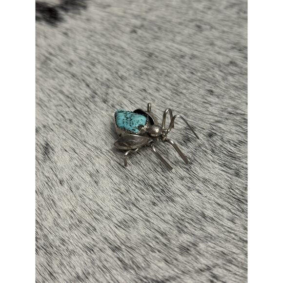 Native American Sterling Silver Turquoise Nugget Beetle Spider Bug Pin Brooch - Picture 3 of 13